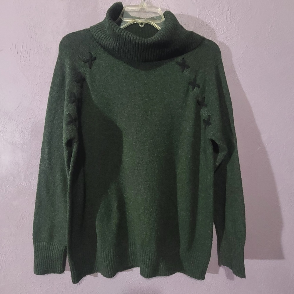 Keren Hart Forest Green Cowl Neck Sweater Cross Stitch Detail Raglan Large